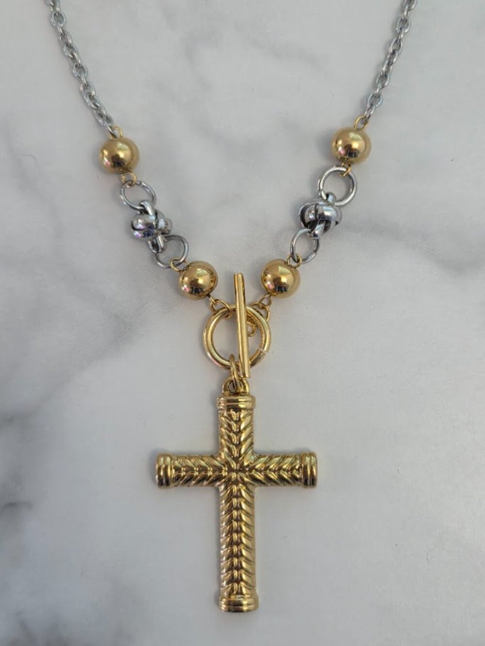 Two Tone Gold Silver Chevron Cross Toggle Chain Necklace - Picture 5 of 15